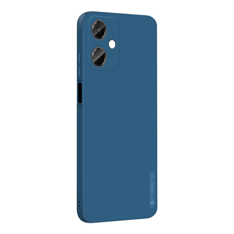 Blue liquid silicone TPU phone case with camera cutouts and slim side openings.