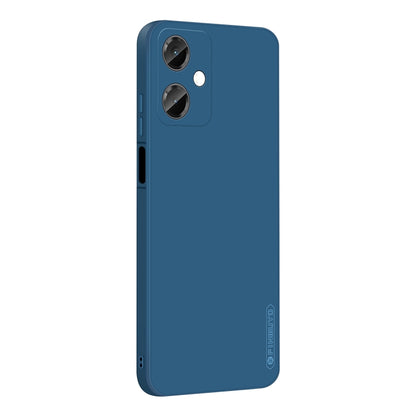 Blue liquid silicone TPU phone case with camera cutouts and slim side openings.