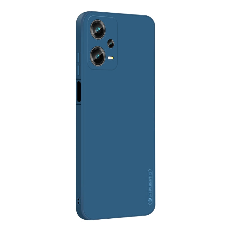 Blue liquid silicone TPU phone case back view with camera openings and protective edges