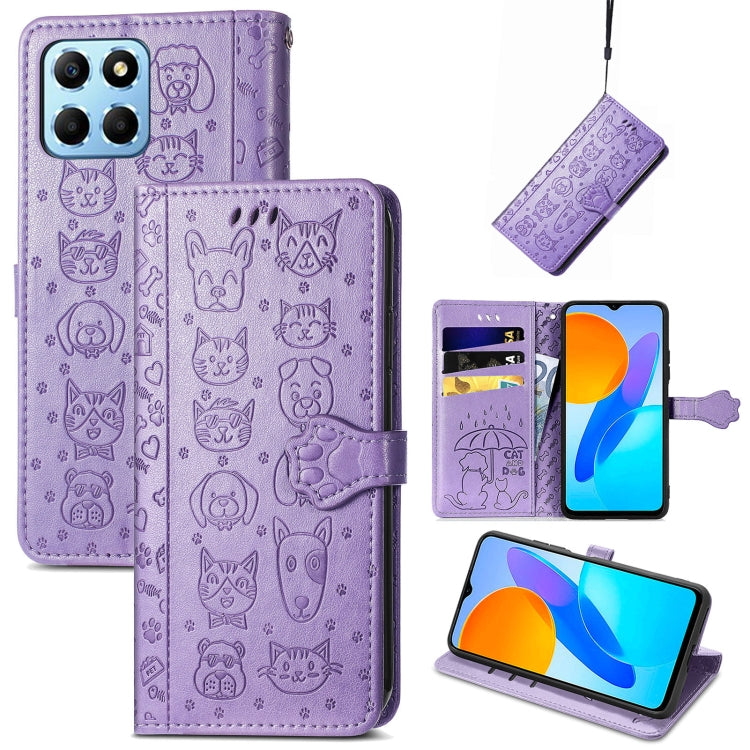 Purple embossed cat-and-dog leather phone wallet case with magnetic flip and stand strap