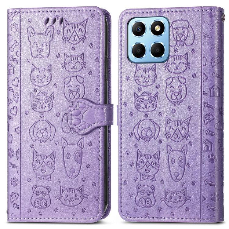 Purple embossed cat-and-dog leather phone wallet case, close-up of flip cover and strap