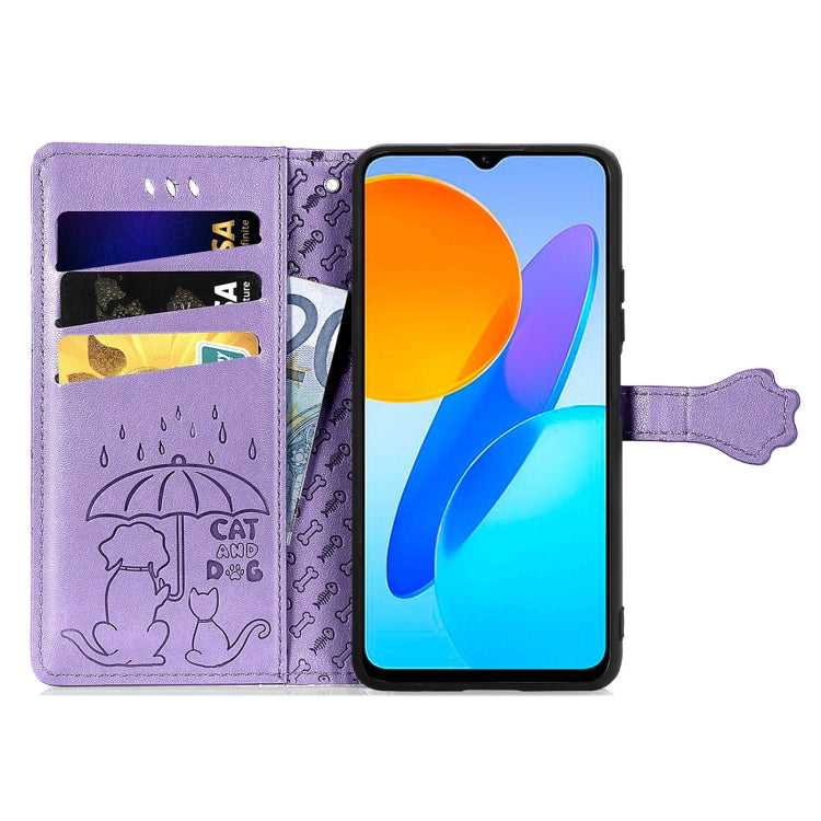 Purple embossed cat-and-dog leather phone wallet case with card slots and side pull tab