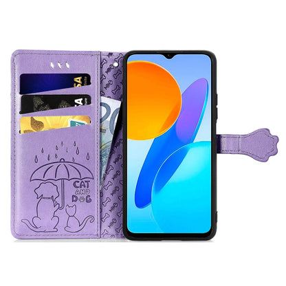 Purple embossed cat-and-dog leather phone wallet case with card slots and side pull tab