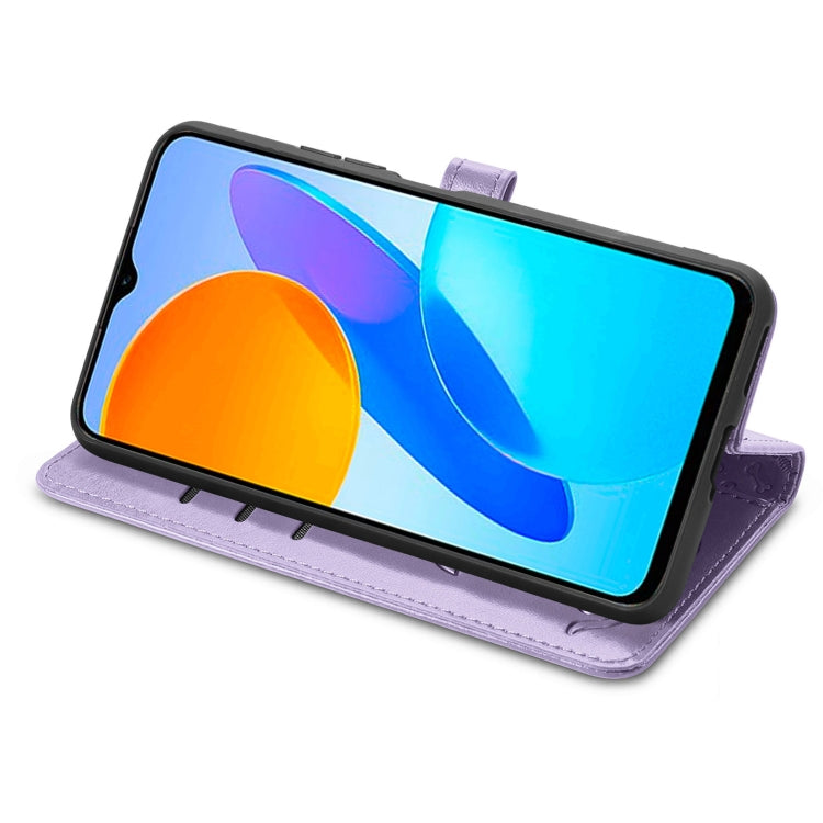 Purple embossed cat-and-dog leather phone wallet case, flip cover folded into viewing stand