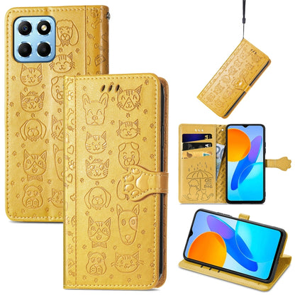 Gold embossed leather phone wallet case with cat-and-dog pattern, card slots, stand
