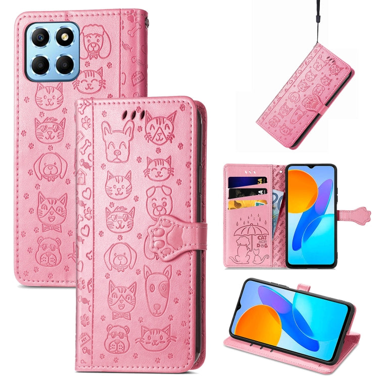 Pink embossed leather phone wallet case with cat-and-dog pattern, card slots and stand