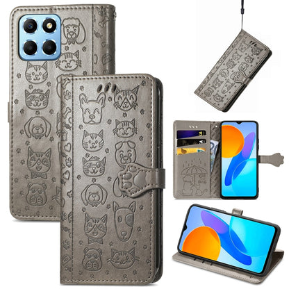 Gray cat and dog embossed leather wallet phone case with card slots and folio cover