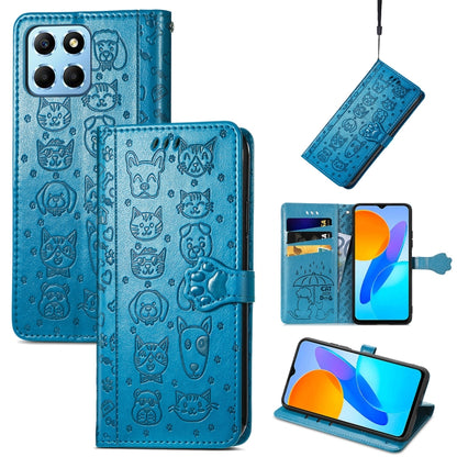 Blue embossed cat and dog leather-look wallet phone case with folio cover and card slots
