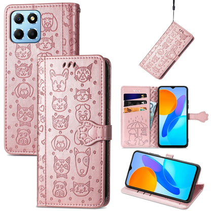 Pink embossed cat and dog leather-look wallet phone case with folio cover and card slots