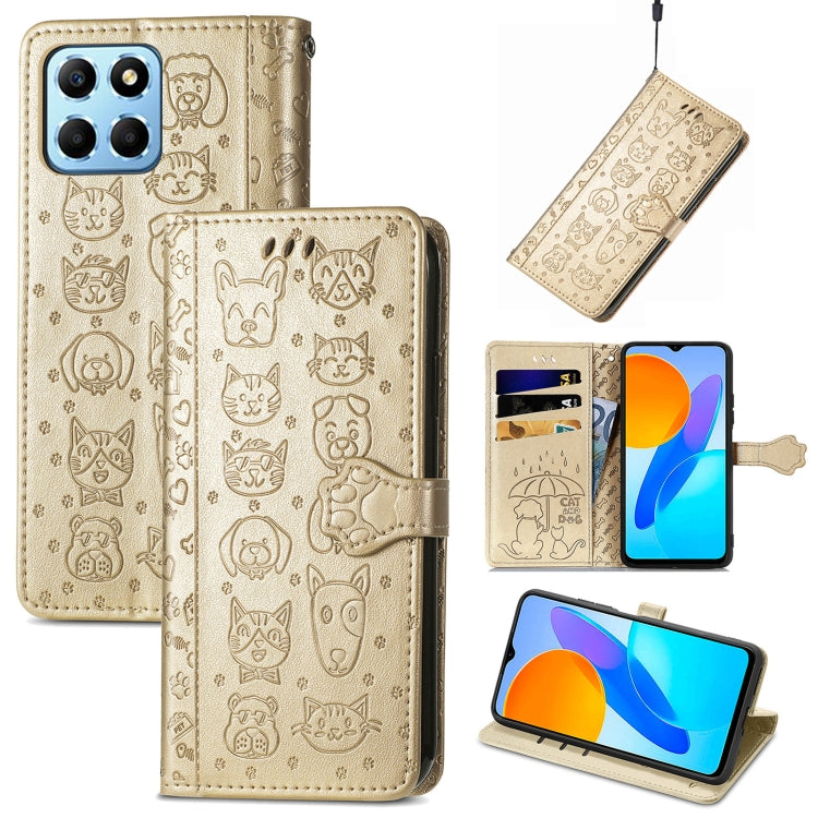 Gold embossed cat and dog leather wallet phone case with card slots and flip cover