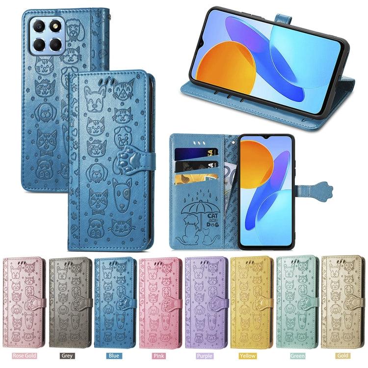 Embossed cat and dog leather phone case, blue folio with stand and side strap
