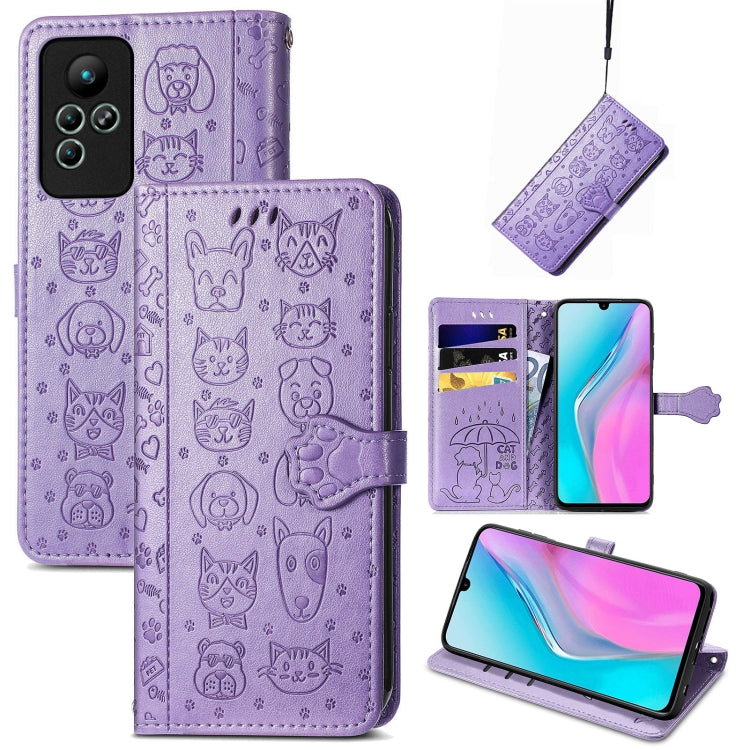 Purple embossed cat-and-dog leather phone wallet case with card pocket, strap, and kickstand