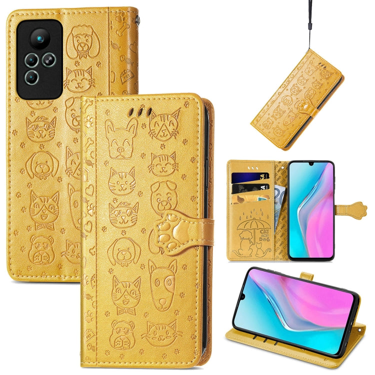 Gold flip phone wallet case with cat-and-dog embossing, card slots and kickstand