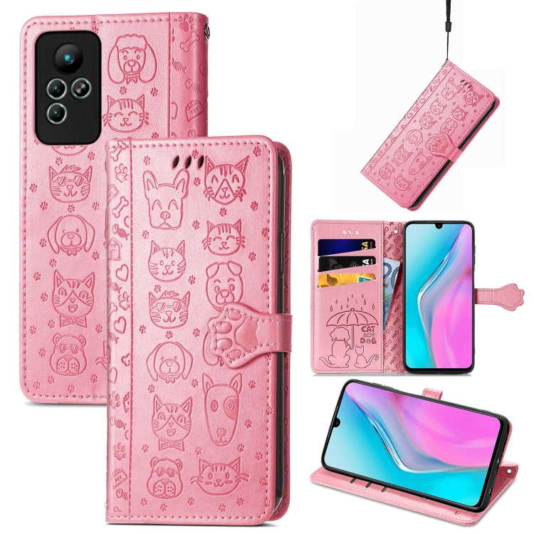 Pink flip phone wallet case with cat-and-dog embossed pattern, card slots and kickstand
