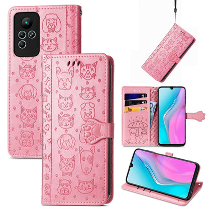 Pink flip phone wallet case with cat-and-dog embossed pattern, card slots and kickstand