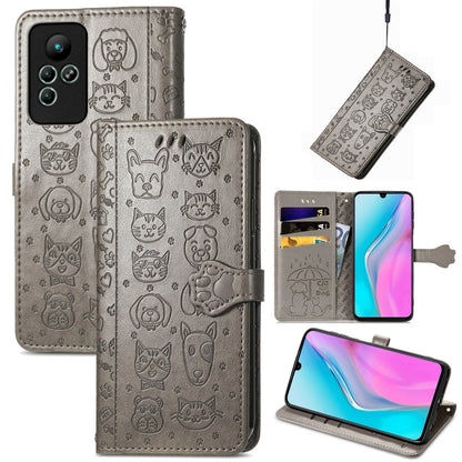 Gray cat and dog embossed leather wallet phone case with magnetic strap and card holders