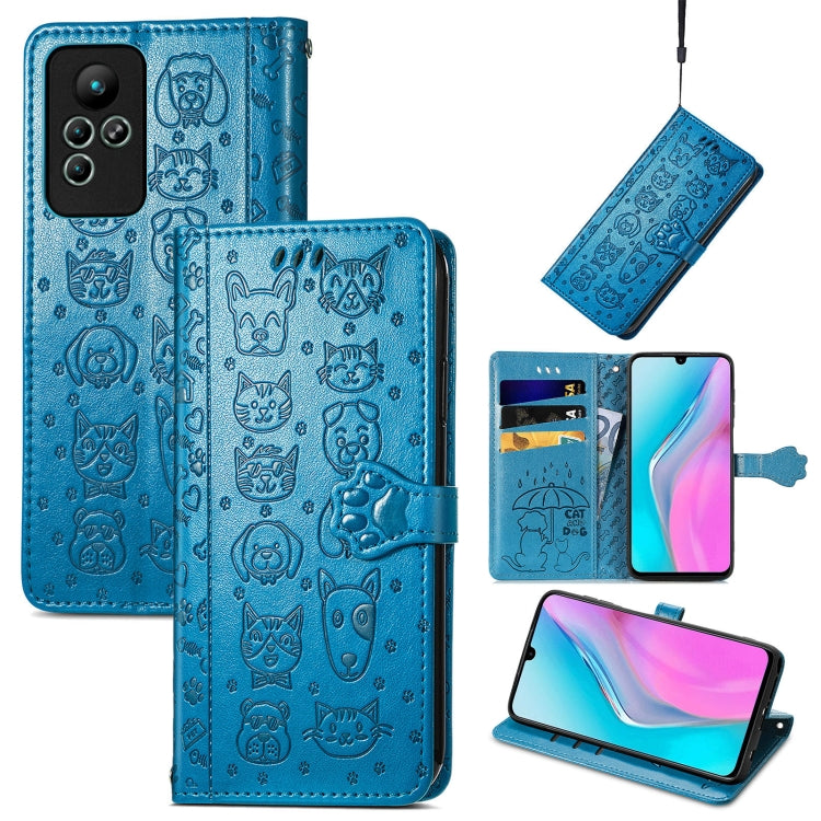 Blue embossed cat and dog wallet phone case with folio cover, card slots, and kickstand