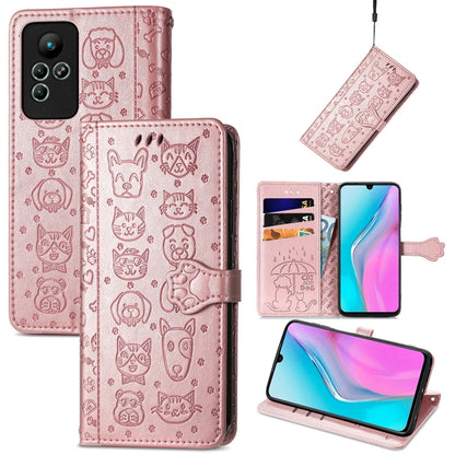 Pink embossed cat and dog leather-look wallet phone case with folio cover and kickstand