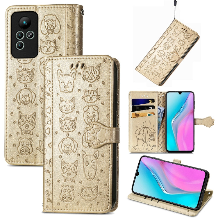 Gold embossed cat and dog leather flip phone case with card pocket and stand view