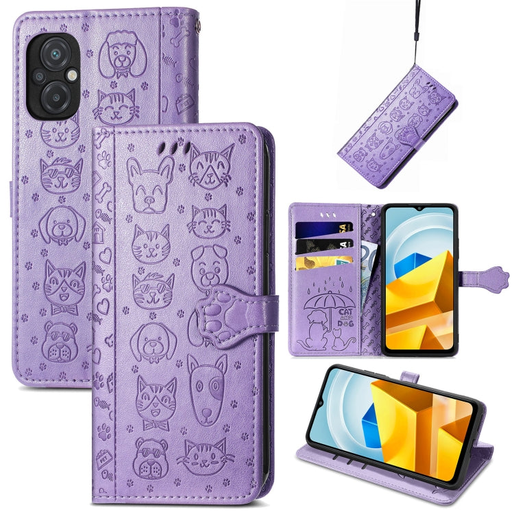 Purple embossed cat-and-dog leather phone wallet case showing front flip and card storage