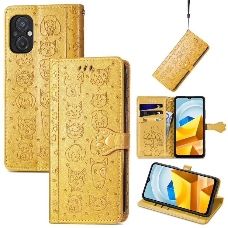 Gold cat and dog embossed leather wallet phone case with card slots and stand