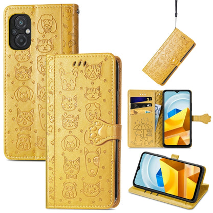 Gold cat and dog embossed leather wallet phone case with card slots and stand