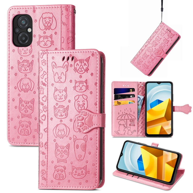 Pink embossed leather phone wallet case with cat-and-dog design, card slots and viewing stand