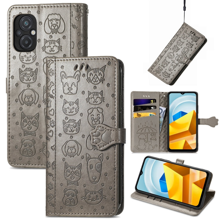 Gray cat and dog embossed leather wallet phone case, folio style with viewing stand
