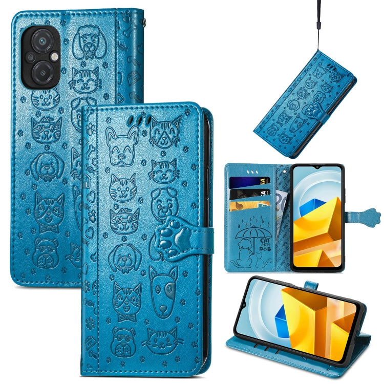 Blue embossed cat and dog leather-look wallet phone case with folio stand and card slots