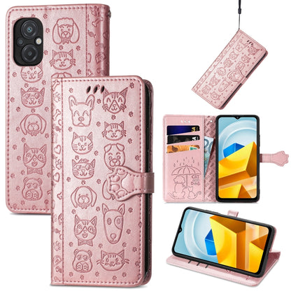 Pink embossed cat and dog leather flip phone case with card slots and stand view