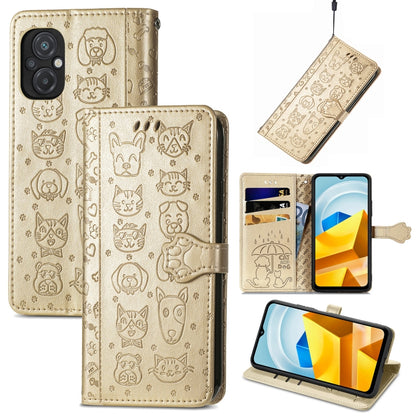Gold embossed cat and dog leather phone case with magnetic flap and viewing stand