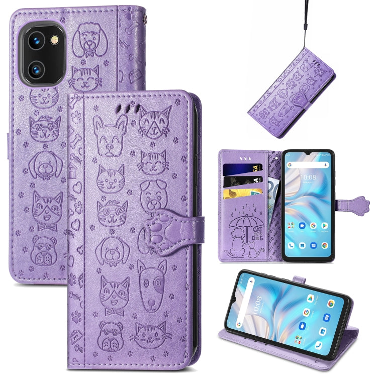 Purple embossed cat-and-dog leather phone wallet case with card holder and viewing stand