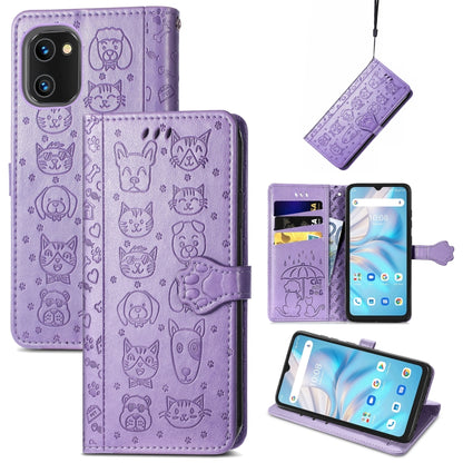 Purple embossed cat-and-dog leather phone wallet case with card holder and viewing stand