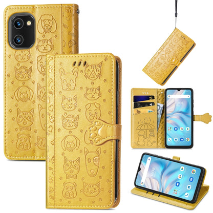 Gold embossed leather phone wallet case with cat-and-dog pattern, card slots and viewing stand