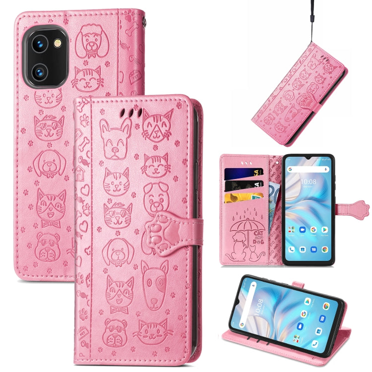 Pink cat and dog embossed leather wallet phone case with card slots and magnetic closure