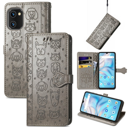 Gray cat and dog embossed leather wallet phone case with flip cover and card slots
