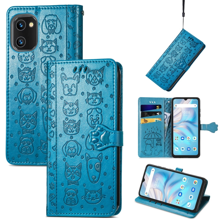 Blue embossed cat and dog leather-look wallet phone case with folio cover and card slots