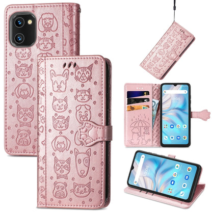 Pink embossed cat and dog leather wallet phone case with magnetic flap and viewing stand