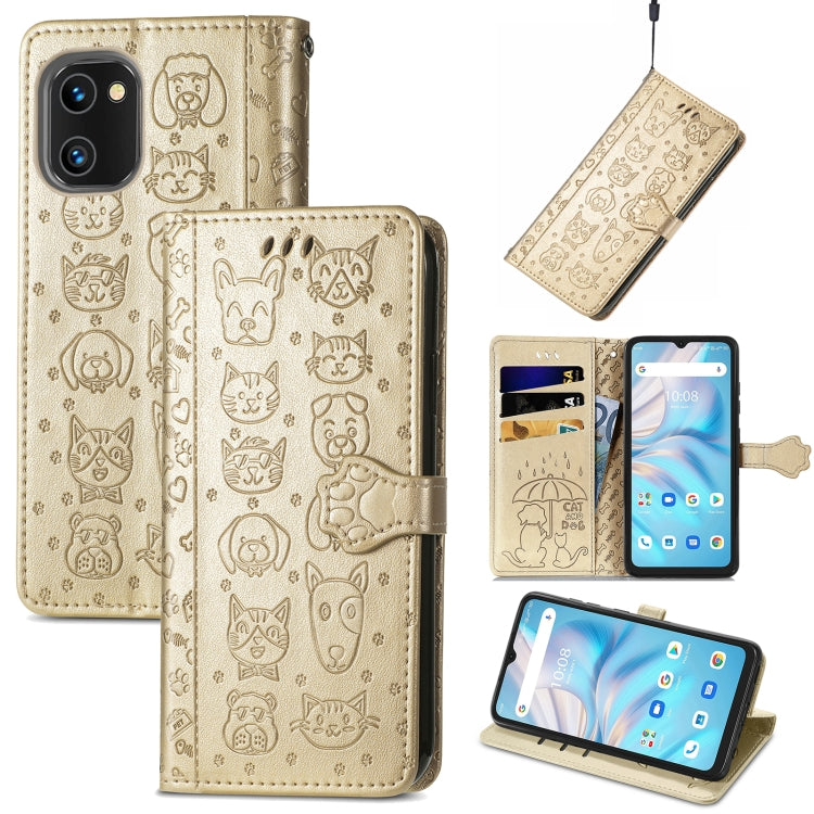 Gold embossed cat and dog leather flip phone case with card slots and camera opening