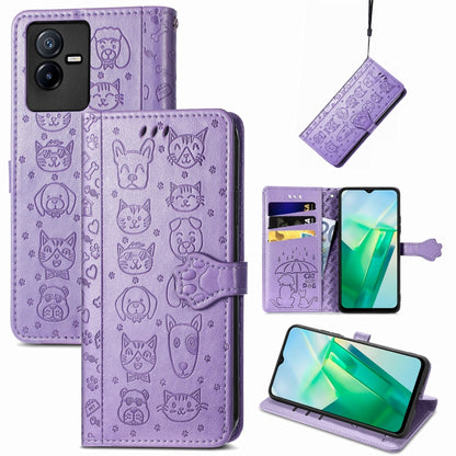Purple embossed cat-and-dog leather phone wallet case with flip cover open and card pocket