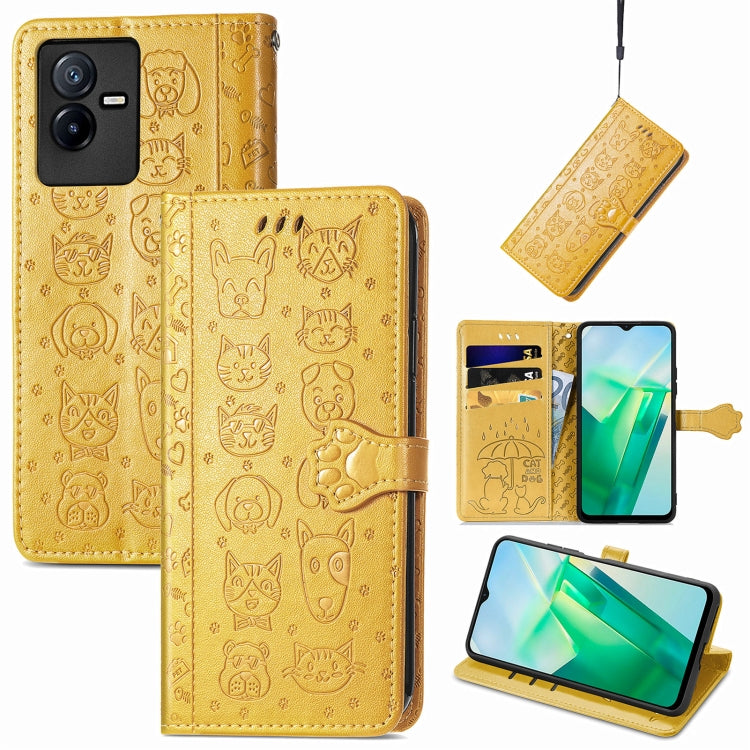 Gold cat and dog embossed leather phone wallet case with flip cover and card slots