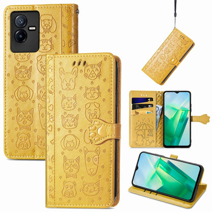 Gold cat and dog embossed leather phone wallet case with flip cover and card slots