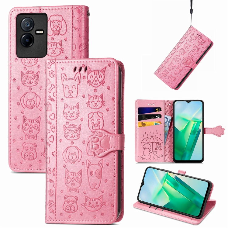 Pink cat and dog embossed leather wallet phone case, folio style with card holder