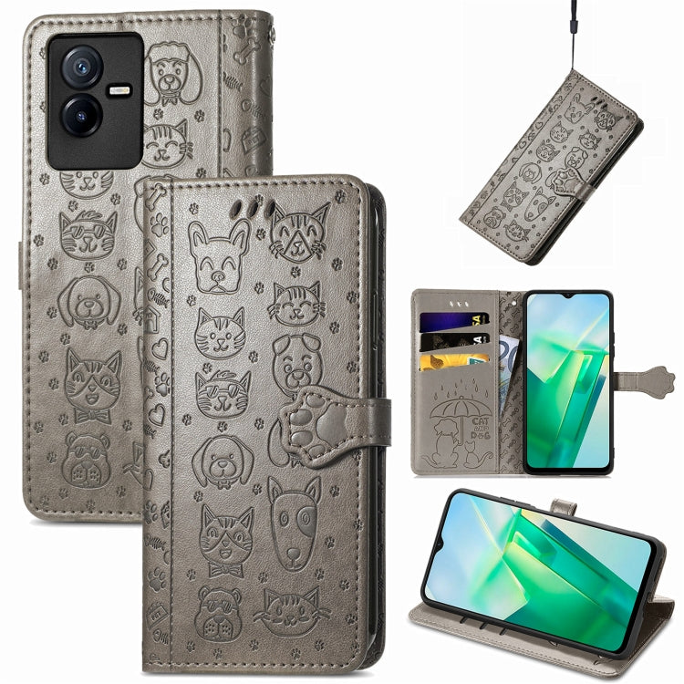 Gray cat and dog embossed leather wallet phone case with folio cover and card holder