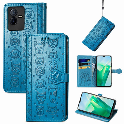 Blue embossed cat and dog wallet phone case with folio cover, card slots, and stand