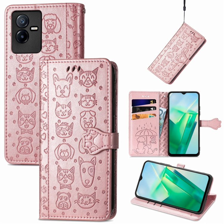 Pink embossed cat and dog leather flip phone case with cutouts and stand feature