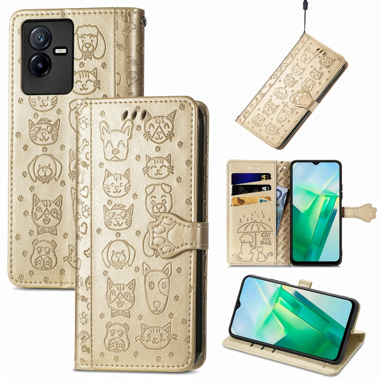 Gold embossed cat and dog leather wallet phone case with card slots and flip cover