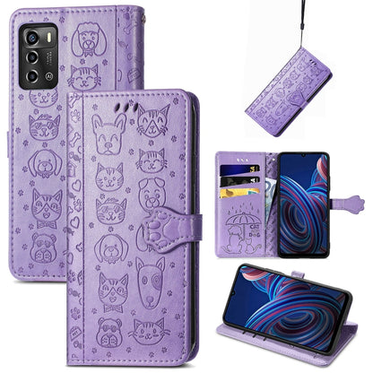Purple embossed cat-and-dog leather phone wallet case with magnetic closure and side strap
