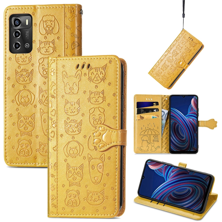 Gold embossed leather phone wallet case with cat-and-dog pattern, card slots and screen stand