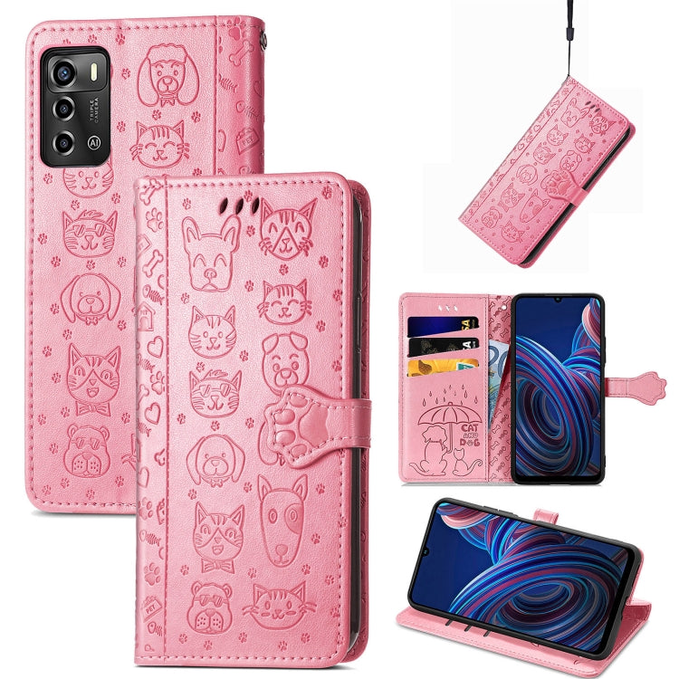 Pink cat and dog embossed leather wallet phone case with stand-ready viewing angle